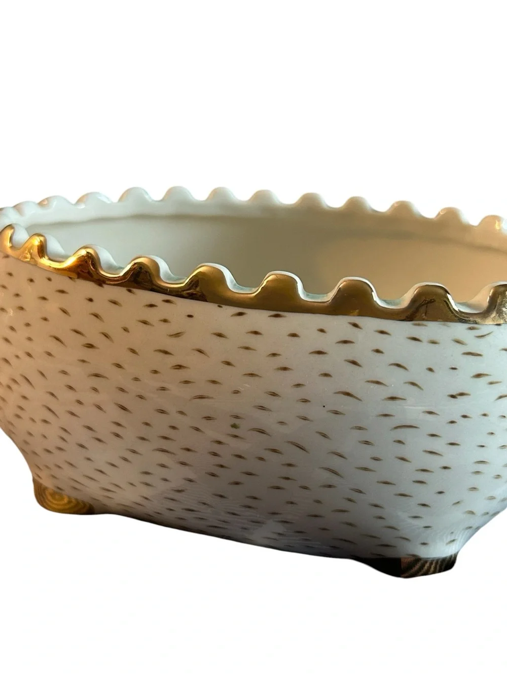 Signature White & Gold Ceramic Hedgehog Bowl EUC Whimsy China Animal Print